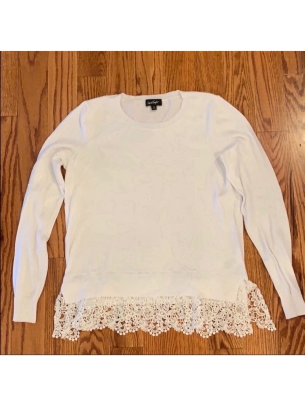 NWOT Lord and Taylor Lace Hem Sweater- White, Size Small